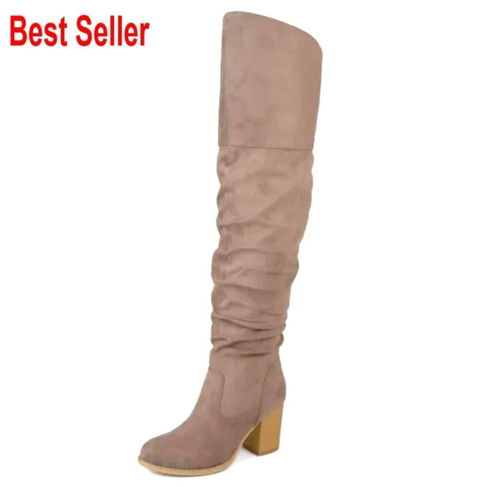 Faux Suede Over-the-Knee Boots with Stacked Heel and Ruched Detail